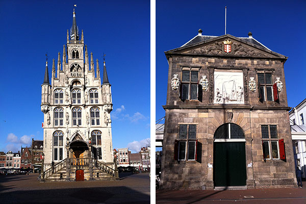 Po lewej: ratusz i rynek. Po prawaj: waga miejska Waag, obecnie Muzeum Sera Kaasmuseum.